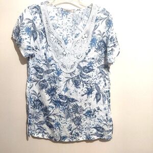 Marina Gigli Italy Womens Small Linen Blouse Lace Accent Short Sleeves Floral